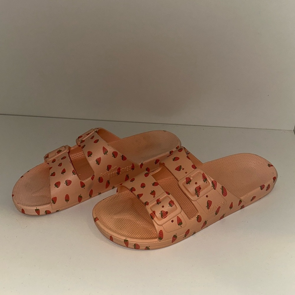 Peach Strawberry Slide Sandals with Dual Straps